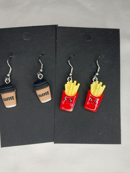 Handmade Jewelry - Kawaii Coffee Cup & Fries Dangle Earrings - Beige, Black, Red, Yellow